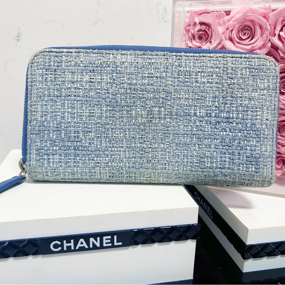 Authentic Chanel Light Blue Deauville Tweed Continental Wallet / Clutch